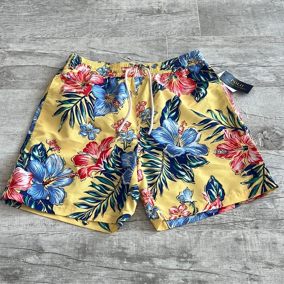 Polo Ralph Lauren‎ Men’s Traveler Swim Shorts Yellow Tropical Flower Size Medium - Picture 1 of 9